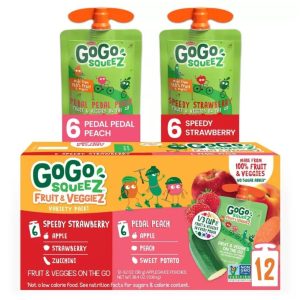 Compotas Naturales De Frutas y Vegetales - Fresa, Durazno, Manzana, GoGo Squeez  / 12 Pack / 90g / 1.08 Kg Total