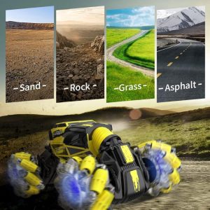 Auto De Acrobacias Con Control Remoto RC Con Reloj Controlado A Mano, Camión De Detección De Auto Rastreador 360° LED 1/16 4WD 12.5MPH / Color Amarillo - Imagen 3